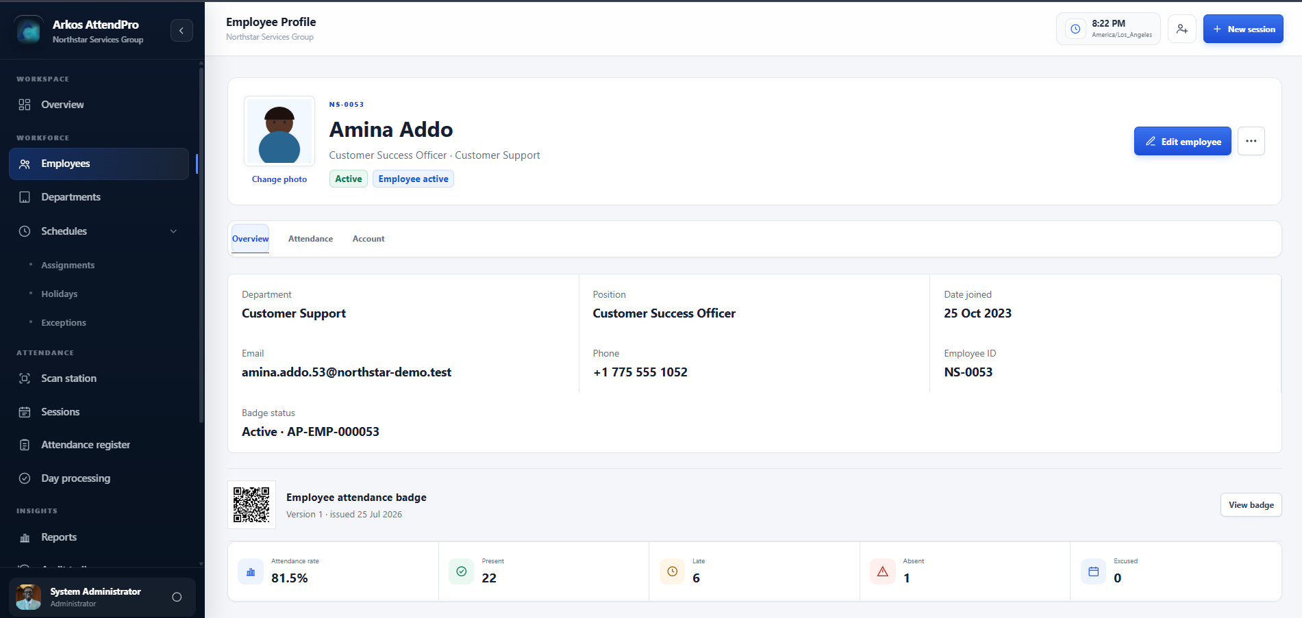 Arkos AttendPro employee profile and attendance workspace