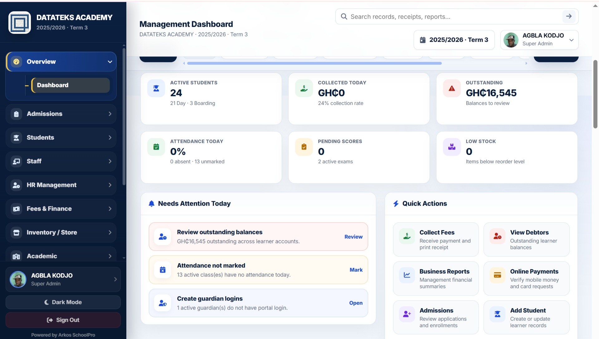 Arkos SchoolPro management dashboard
